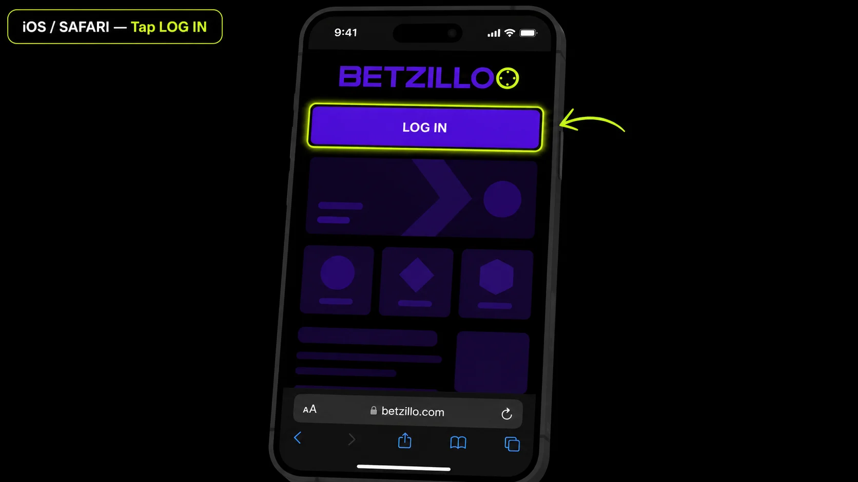 Betzillo casino mobile login on iOS Safari — tap LOG IN