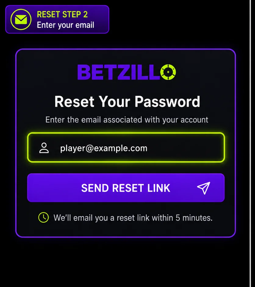 Reset step 2: enter your email to receive the Betzillo password reset link